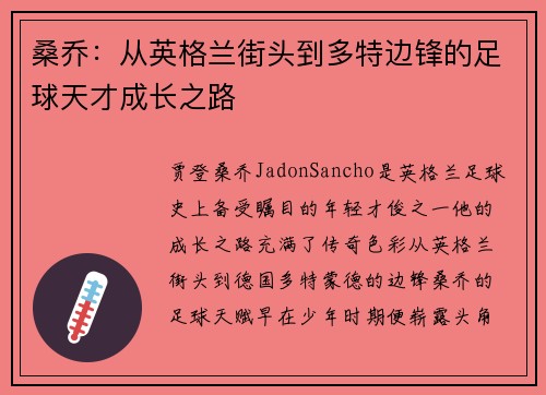桑乔:从英格兰街头到多特边锋的足球天才成长之路 桑乔:从英格兰街头到多特边锋的足球天才成长之路